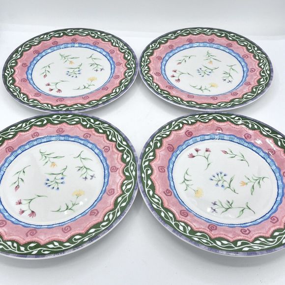 Set Of 4 Fitz and Floyd Gypsy Chicks Salad Plates 8 1/2" Diameter Field Flowers - Picture 4 of 5